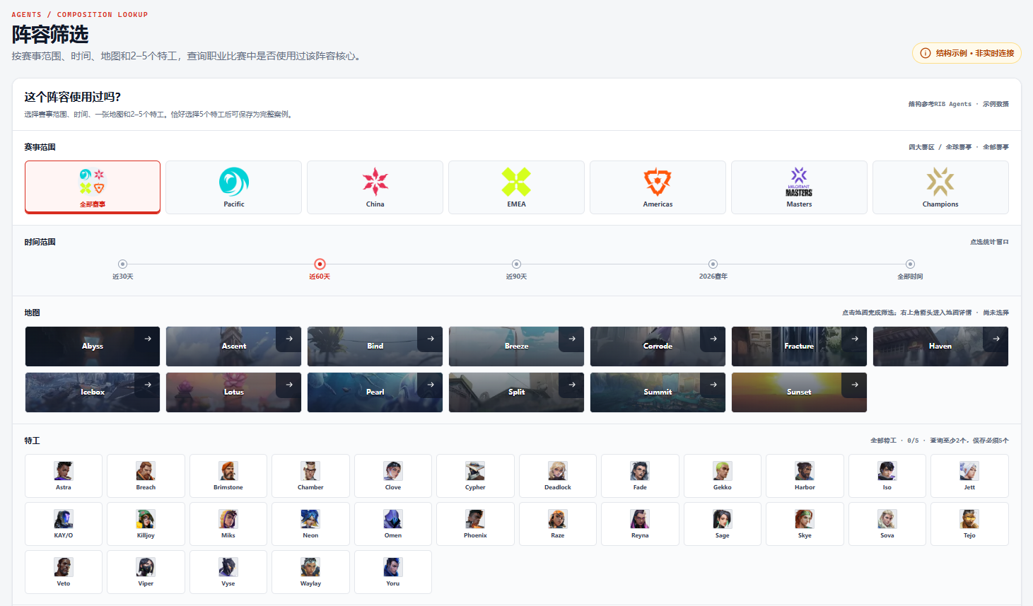 锐芒工作台 赛事、地图、特工与阵容筛选界面